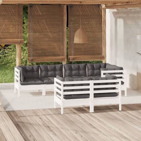 Salon de jardin 7 pcs Ensemble Table et Chaise de Jardin - avec coussins Blanc Bois de pin massif BV192272 - BonneVie (1/5)