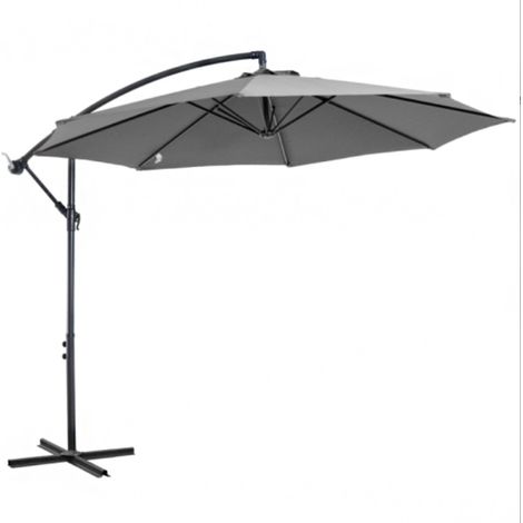 Parasol à manivelle, structure en acier et toile en polyester, gris, Ø 2,95 x 2,45 m, pour jardin, terrasse, balcon (1/4)