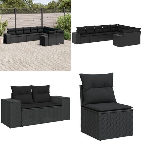 9-tlg. Garten-Sofagarnitur mit Kissen Schwarz Poly Rattan - Gartengestelle - Gartenmöbelset - Outdoor Möbel - Lounge Set - Rattan Gartenmöbel - Home & Living (1/5)