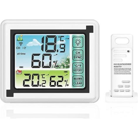 Stazione meteorologica wireless con sensore esterno, termometro e igrometro digitali per interni/esterni, retroilluminazione regolabile e ampio schermo LCD per casa e ufficio (1/5)