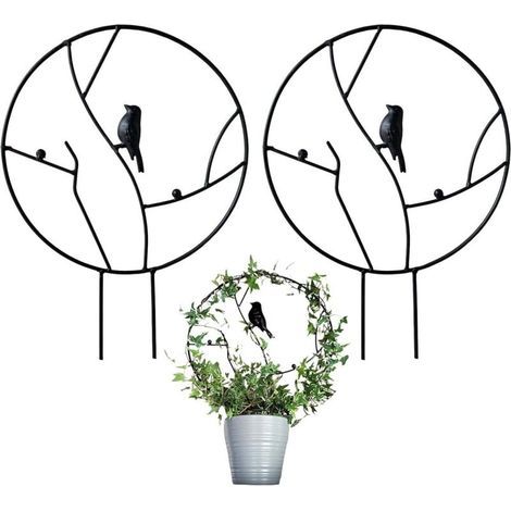 Set of 2 iron garden trellises for climbing plants, small 16-inch rust-resistant trellis for indoor potted plants, round trellis with bird – Black (1/4)