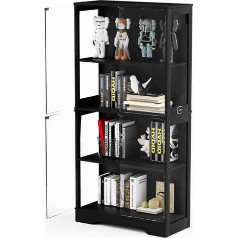 Vitrine en verre avec rangement, LED tricolore, capteur de mouvement et portes vitrées, meuble de présentation noir pour salon, chambre ou bureau  CHICFURN (1/5)