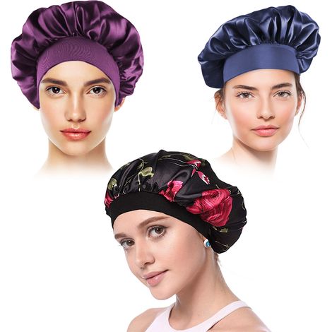 Bonnet Satin - Bonnet Floral Pour Cheveux Bouclés - Bande Élastique Douce - Diamètre 32 cm - Usage Nocturne et Extérieur - Lot de 3 (1/5)