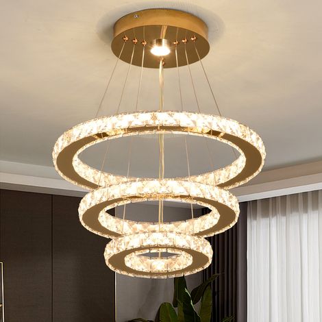 Plafonnier LED cristal inox doré, 3 anneaux, télécommande, lumière réglable (1/5)