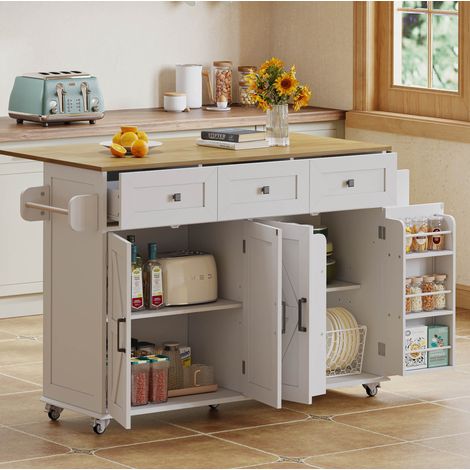 Îlot de cuisine 140x43x90.5 cm blanc et naturel en MDF avec plateau rabattable et rangement (1/5)
