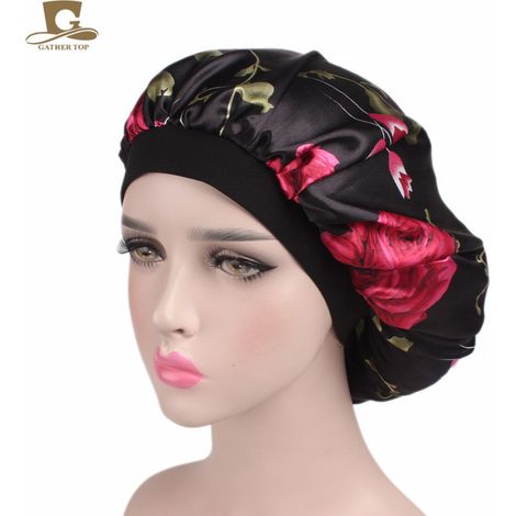 Bonnet de nuit en satin (Fleur noire) avec large élastique pour femme, long