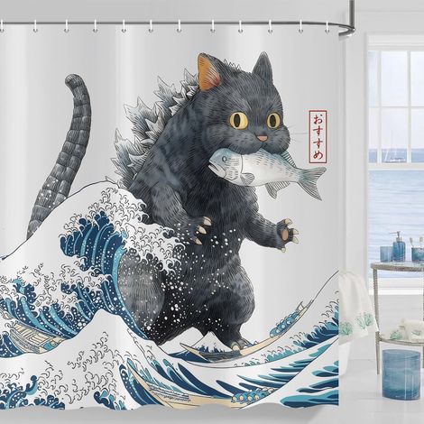 Rideau de Douche Japonais de Chat 180x200 cm, Anime Drôle Noir Chat Attraper Poisson Vague Enfants Imperméable Bain Rideau Textile Lavable Rideaux Douche pour Baignoire avec 12 Crochets (1/5)