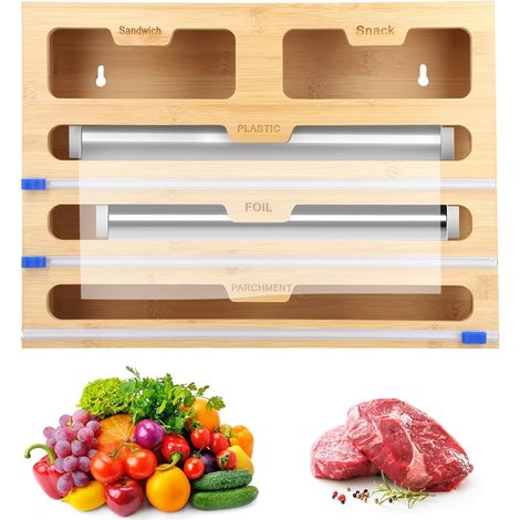 Bamboo 40cm Kitchen Roll Film and Foly Organizer - 5-in-1 Dispenser and Cutter for Kitchen Drawer (1/5)