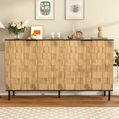 Buffet 160x35x80,5 cm 2 portes design mosaïque, meuble de rangement aspect bois, pieds métal, naturel et noir (1/5)