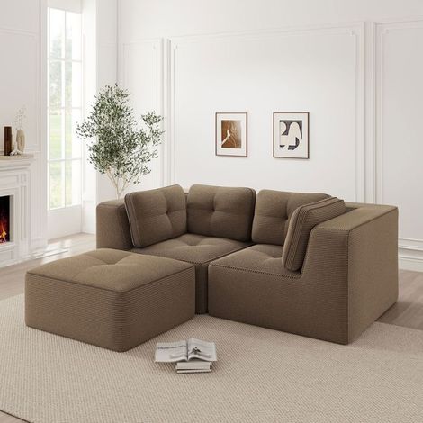 Canapé Modulable Canapé d'Angle structure sans cadre forme en L repose-pieds mobile tissu côtelé confortable marron (1/5)