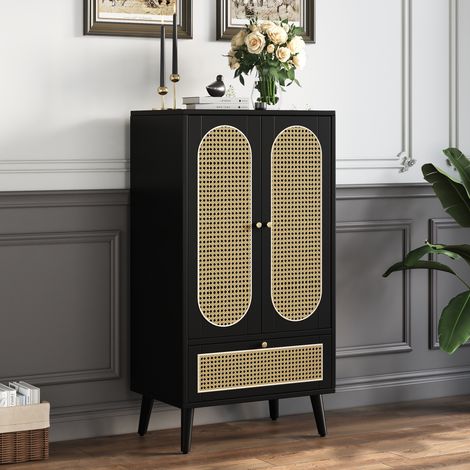 Aparador alto 60 x 40 x 110,5 cm, 2 puertas de ratán, 1 cajón - mueble auxiliar compacto salón estilo boho de madera de partículas - negro (1/5)