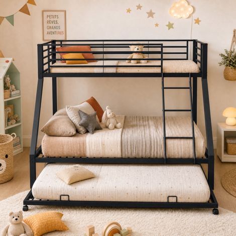 Etagenbett 204x145.5x160 cm Schwarz aus Metall mit Ausziehbett und hoher Belastbarkeit (1/5)