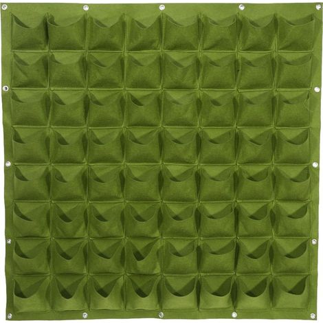 64 bolsillos verticales de fieltro para exteriores, ideales para plantas de jardín, bolsas de cultivo de flores y macetas colgantes (verde). (1/5)