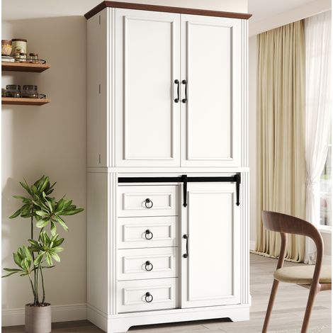 Armoire de cuisine haute blanche avec 4 tiroirs, étagères réglables et rangement latéral (1/5)