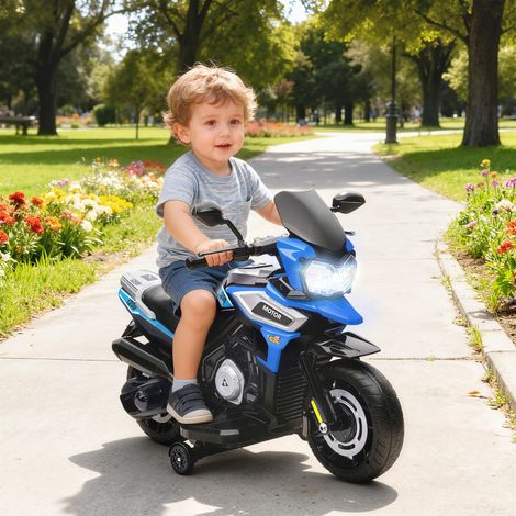 Moto eléctrica para niños de 18 a 36 meses, patinete eléctrico de 6 V para niños con ruedines extraíbles, faros, música, minimoto de 2,4 km/h con luz, peso máximo 30 kg, color azul.