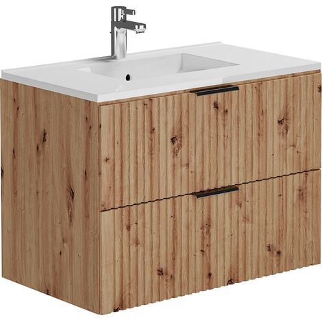 Vente-Unique – Meuble sous vasque suspendu strié 80 cm – Vasque à encastrer céramique blanche – 2 tiroirs soft close – MDF naturel clair