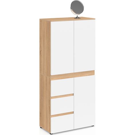 Meuble armoire colonne salle de bain TOMI 3 portes et 3 tiroirs façon hêtre et blanc (1/5)