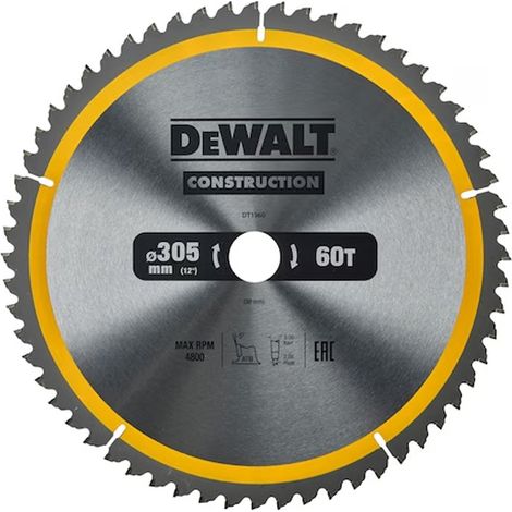 Dewalt – Lame de scie circulaire 305mm 60T DT1960QZ – Pour bois dur et matériaux composites – Coupe nette et précise – Compatible scies circulaires fixes