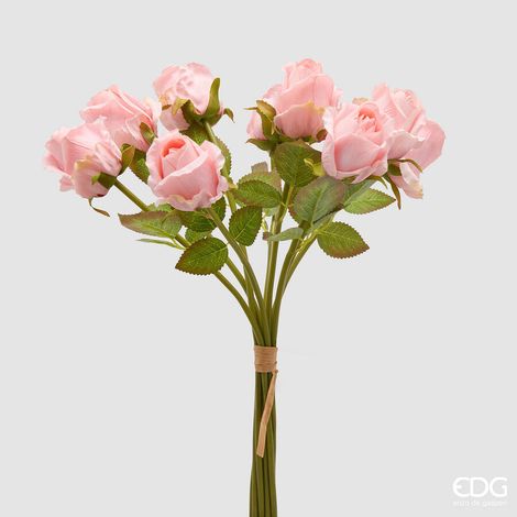 EDG Enzo De Gasperi Rosa Bouquet x9 con Foglie H 46 Cm Pianta Artificiale Colore Rosa