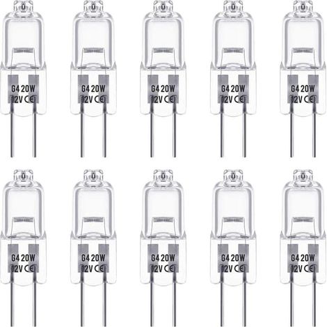 10 ampoules halogènes G4 12V 20W 2800K lumière blanche chaude Les ampoules halogènes G4 sont destinées aux hottes de cuisine, aux cuisines, aux salons, aux chambres, à l'éclairage des armoires, etc. (1/5)