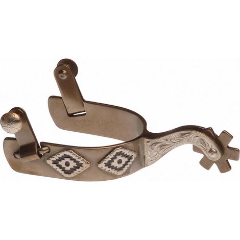 Speroni western in ferro brunito con decorazioni argento a rombi e rotella dentata (1/3)