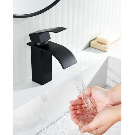 Vtizikl Robinet de lavabo de salle de bain cascade noir, robinet de lavabo de salle de bain noir (hauteur du bec 20,5 cm), robinet de lavabo de salle de bain cascade noir (eau chaude et froide) (1/4)