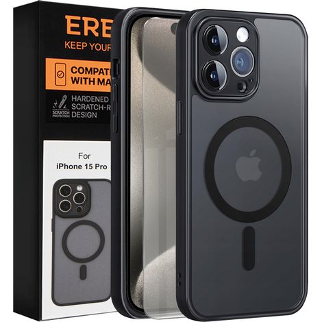 Funda para iPhone 15 Pro, MagSafe, funda mate Erbord, negra + protector de pantalla (1/5)