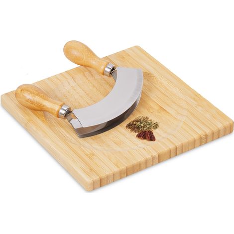 Relaxdays Chopping knife with board, bamboo & stainless steel, double-edged herb knife, herb board 20x20 cm, natural/silver