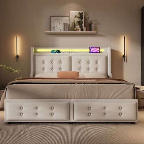 Lit double rembourré 180x200 cm avec 4 tiroirs, tête de lit LED, USB/Type-C, sommier inclus, sans matelas, tissu coton-lin beige (1/5)