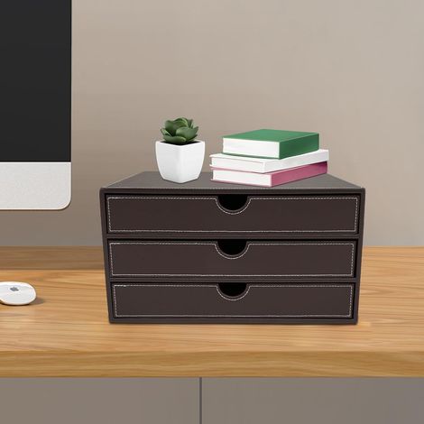 Schubladenbox A4 Fächern PU-Leder-Schubladenbox, 3-Tier Schubladenbox Schreibtisch, U-förmige Öffnung, Handgenähte Nähte, Kaffee Schubladenregal, 33  25  18 cm (1/5)