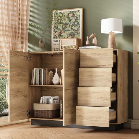 Buffet salon 120x40x90, 4 tiroirs 2 portes Buffet cuisine, coloris noir tons nature (1/5)