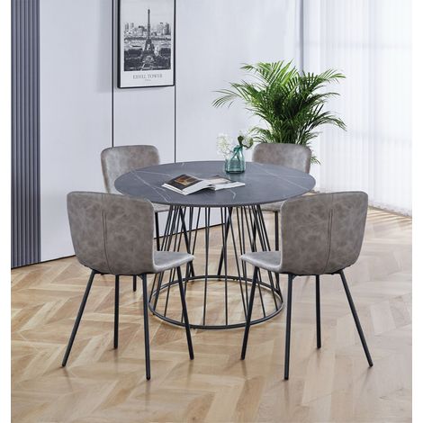 Hallowood Furniture Cullompton Round Dining Table and Chairs Set 4, Grey Marble Effect Kitchen Table and Chairs with Taupe Faux Leather Upholstery, Modern Dining Set for Home and Cafe (1/5)