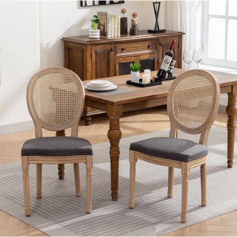 Esszimmerstuhl aus Massivholz Grau im franzosischen Stil mit Rattankuehler und Leinenbezug,59.5×49×95cm (1/5)