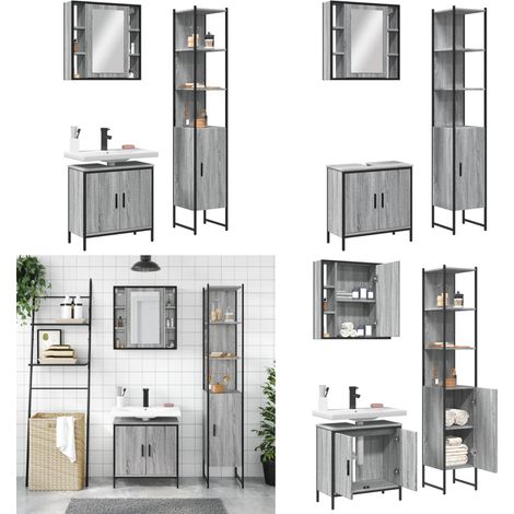 3-tlg. Badmöbel-Set Grau Sonoma Holzwerkstoff - Spiegelschrank - Waschbeckenunterstuhl
