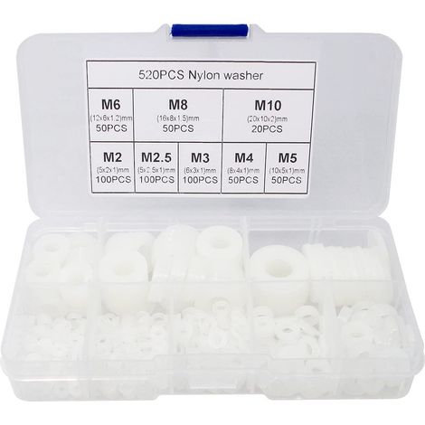 CCYKXA  Rondelle Nylon Entretoise Plastique M2 M2.5 M3 M4 M5 M6 M8 M10 Ronde de Rondelle Plate 520 Pièces