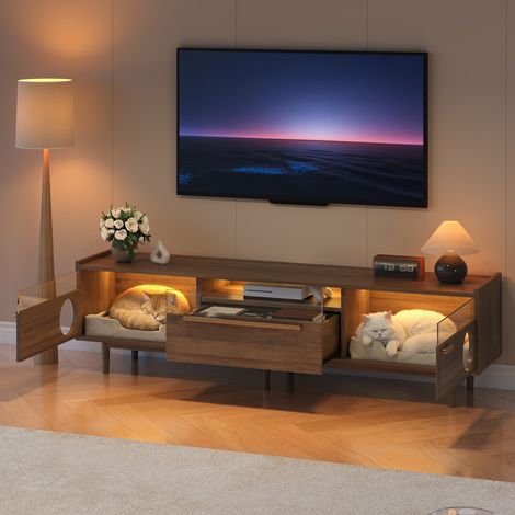 TV-Schrank 180x40x50 cm Nussbaum MDF mit LED-Beleuchtung, Glastüren, Katzenruheraum und Schublade (1/5)