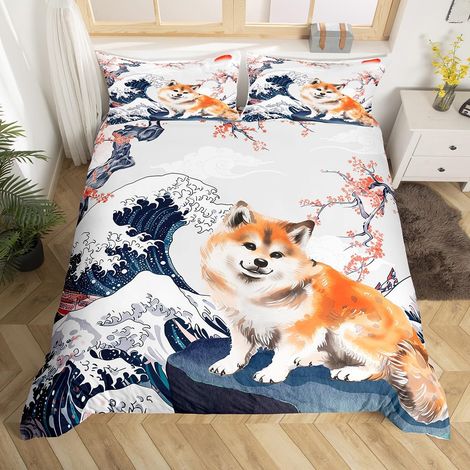 Parure de lit avec housse de couette 155 x 220 cm, style japonais, motif chien de dessin animé, motif vague océan, adorable housse de couette fermeture éclair (1/5)