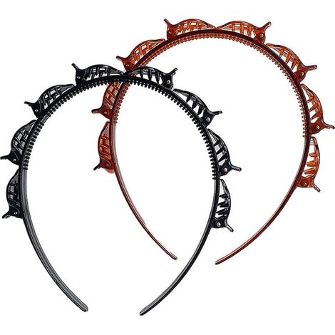 Lntyq Lot de 2 serre-têtes à double frange noirs et marron avec petites pinces – Accessoires pour tresses double couche pour femmes, serre-tête à pinces avec bandes dentées