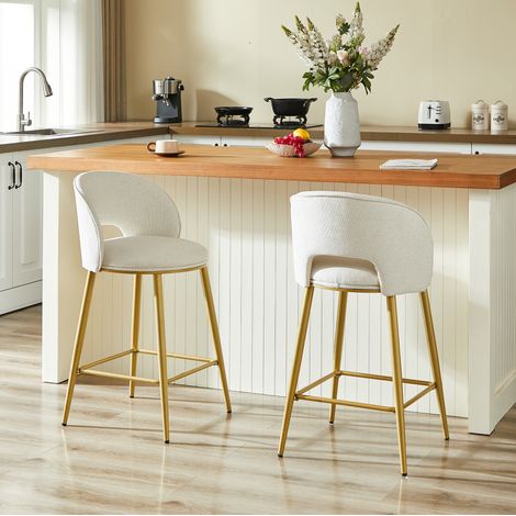 REDOM - Taburete de bar de tela chenilla - respaldo calado ergonómico, reposapiés, estructura de metal dorado - beige (1/5)