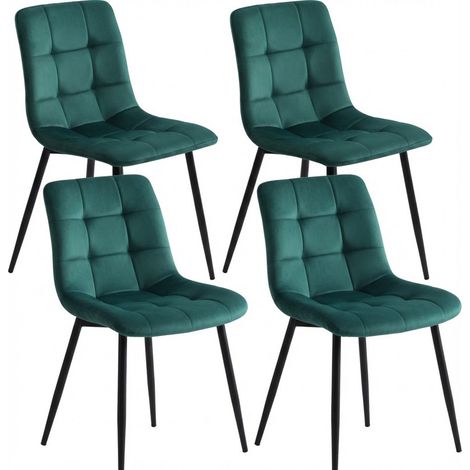 Lot de 4 chaises de salle à manger 86x46x44 cm, velours vert, capitonnées quadrillées, pieds métalliques noirs, design moderne (1/5)