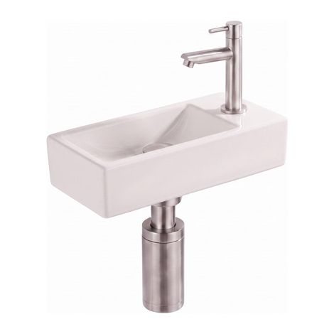 Saniclass Fuente Fontaine set - 40x22x10cm - solid surface blanc cassé - bonde - robinet de fontaine - siphon - inox (1/5)