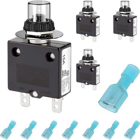 Disjoncteur à bouton électrique 15 A 125/250 V AC 50 V DC Disjoncteur à bouton-poussoir Protecteur de surcharge thermique avec réinitialisation manuelle, pour multiprises – 4 pièces (1/5)
