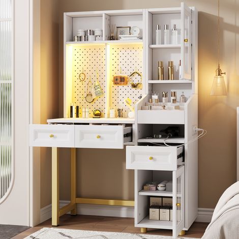 MEUBLIV Coiffeuse bureau blanc avec LED, station de charge, rangements et vitrine en verre (1/5)