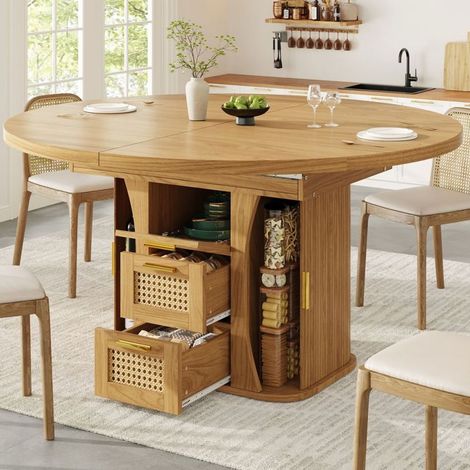 Table extensible - WESTYLE - 118/158 cm - Rangements tiroirs rotin - Plateau MDF effet bois - Noir/Bois/Marron (1/5)