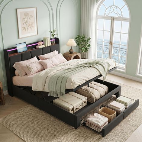Lit coffre 160x200 cm, tissu lin, lit double avec sommier à lattes, tête de lit avec éclairage LED et USB, 2 tiroirs, grand espace de rangement, design, Gris foncé