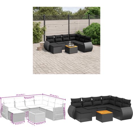 Salon de jardin 8 pcs avec coussins noir résine tressée - Ensemble Salon De Jardin - Meuble Extérieur - Résine Tressée - Rotin Synthétique - Fauteuil Jardin - Home & Living