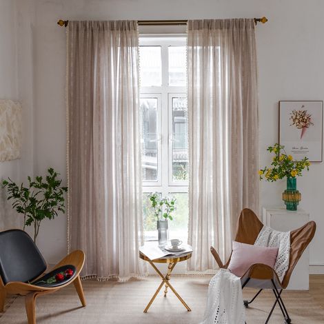 Rideaux en lin style campagne à pompons, avec embrasses brodées (Idéal pour les chambres) — Finition passe-tringle, 214 x 132 cm. (1/5)