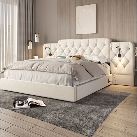 Lit coffre moderne en velours beige 160x200 cm avec tête de lit allongée, liseuses, ports USB et ouverture hydraulique (1/5)