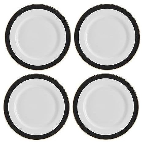 Mikasa Luxe Deco Plain Plates de Porcelaine, Set de 4 Grandes Assiettes avec Stripe Art Deco, 27cm, Luxury Plates for 4 - Gift Wrapped &amp Dishwasher Safe