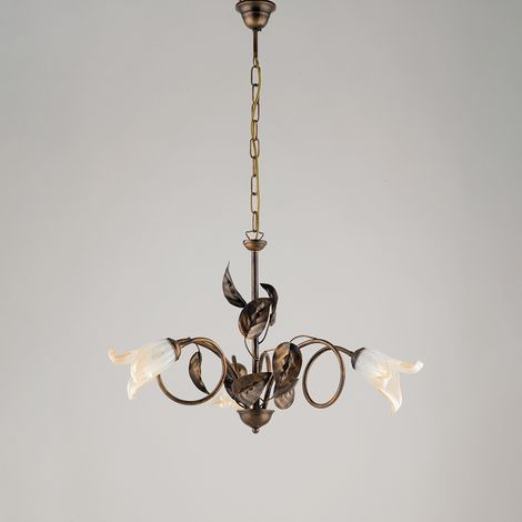 Lampadario Classico 3 Luci Con Foglie Ferro Battuto E Vetro Bronzo Serie Limone